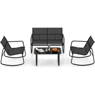 COSTWAY 4-tlg. Gartenmöbel Set mit sanfter Schaukelbewegung, Sitzgruppe für 4 Personen, Gartengarnitur inkl. 2 Stühlen, Bank und Tisch - Schwarz