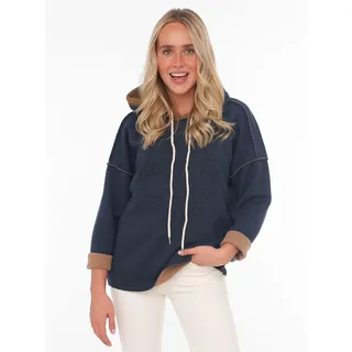 Hoodie ZWILLINGSHERZ "Positive Mind", Damen, Gr. L/XL (L/XL), blau (marine), Sweatware, Obermaterial: 75% Polyester, 20% Polyamid, 5% Elasthan, unifarben, comfort fit hüftlang, V-Ausschnitt, Sweatshirts Hoodie, Kapuze, 3/4 Arm, tonaler Schriftzug vorn, Kordelzug