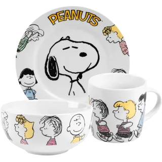 The Peanuts Frühstücksset Snoopy - Family - Geschirr Set 3-teilig Teller, Schale & Tasse aus Porzellan Weiß