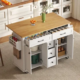 MODFU Kommode Sideboard mit klappbarer Arbeitsplatte,Küchenwagen mit 5 Schubladen & Handtuchhalter,Kücheninsel mit Rollen,Weiß+Natur - Weiß