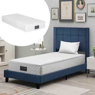 Flieks Polsterbett mit Matratze, Einzelbett Holzbett 90x200cm mit Lattenrost und Kopfteil, Jugendbett 90x200cm mit Matratze, Leinenbezug, Blau - Blau