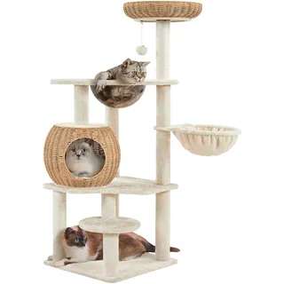 Yaheetech Kratzbaum, 137,5cm Rattan Katzenbaum für große Katze, Stabiler Kletterbaum mit Katzenhaus waschbare Kissen Korb Sisalstämme, Beige