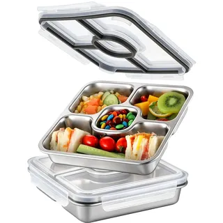 Misichao Lunchbox aus Edelstahl mit 4 Fächern – 800 ml Metall Bento Lunchbox für Erwachsene & Kinder, wiederverwendbare Mahlzeiten-Vorbereitungsbehälter, spülmaschinenfest, Schulbüro (Grau X 2)