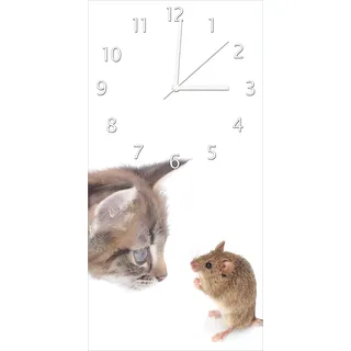 Wallario Design Wanduhr Katze und Maus beim Spielen - weißer Hintergrund aus Echtglas, Größe 30 x 60 cm - Weiß