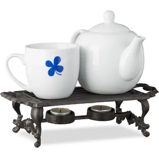 Relaxdays Warmhalteplatte, Extrem robust, Antik-Design, Halter für 2 Teelichter, Gusseisen, HBT: 8,5x30x13,5cm, Braun