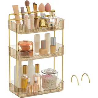 SONGMICS Make-up Organizer, 2 Typen von Zubehörteilen, Kosmetik-Organizer 3 Ebenen, rechteckig, anpassbar, Aufbewahrung für Schminktisch, Geschenkidee, Champagnergold JKA013A01