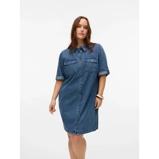 Jeanskleid VERO MODA CURVE "VMCJENNIE SS SHORT DENIM DRESS GA CUR", Damen, Gr. 50, N-Gr, medium blau denim, Denim/Jeans, Obermaterial: 90% Baumwolle, 10% Viskose, unifarben, regular fit kurz, mit Umschlag, Kleider Jeanskleid