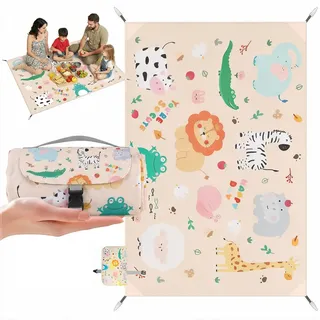 Mini Picknickdecke 100x150 cm, Wasserdichte, Ultraleichte, Tragbare Picknickdecke mit 4 Heringen, Maschinenwaschbare Kleine Outdoor Stranddecke für Strand, Picknick, Camping Wandern(Tierparadies)