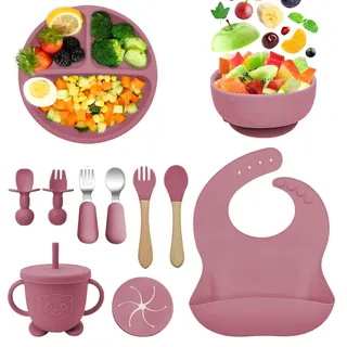 Bizcasa Silikon Baby Geschirrset,11 Stücke Rutschfest Kindergeschirr Set mit Saugnapf,Kindergeschirr Baby-Teller,BPA Frei Esslernbesteck Sets mit Löffel Gabel Schüssel Lätzchen Becher (dunkelpink)