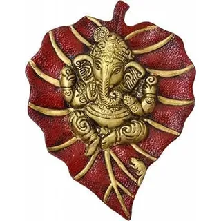 Craft Trade Wanddekoration Kupfer Metall Lord Ganesh Ganpati auf einem Paan Patta-Blatt Idol Vastu Artikel Glücklich Wandbehang Statue für Dekor Zuhause Wohnzimmer und Schlafzimmer- Rot