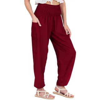 Lofbaz Damen Haremshose Yogahose Pumphose Hippie Hose Boho Kleidung Festival Outfit Sommerhose Leicht Sommer Hosen - Solid 1 Burgund L