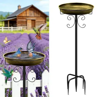 Vogeltränke Stehend, Vogelbad für Draußen Garten mit 5-Prong Basis – Großes Metall Vogelbecken Ø31 cm, Rostfrei & Wetterfest, Antike Vogeltränke Futter Wasserschale Terrasse Garten Deko, Antik Goldene