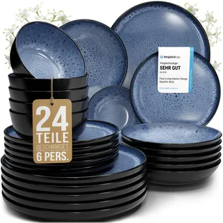 Steingut Geschirrset 6 Personen Ibiza 24 tlg. TESTSIEGER, Traumhaftes Mediterranes Steingut Geschirr Set, Schüssel- und Teller Set, Tafelservice 6 Personen, Geschirrsets Pure Living in Tiefblau