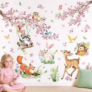 Tanlaby Wandtattoo Kirschblüte Rosa Baum Wildtiere Hirsche Fuchs | Eichhörnchen Schmetterling für Mädchen Kinderzimmer Babyzimmer Wohnzimmer