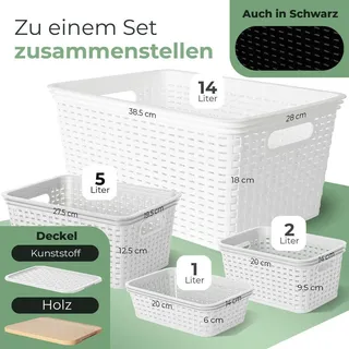 Novaliv 4er Set Elegante Aufbewahrungskörbe mit Holzdeckel Rattan-Optik | Weiß Lebensmittelecht Kunststoff 1L – für Büro und Zuhause. Vielseitige Kisten zur Aufbewahrung. Ideale Aufbewahrungsbox - Weiß