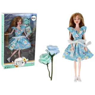 LeanToys Emily Frühlingspuppe für Kinder mit langen Haaren, blauem Kleid und Blume