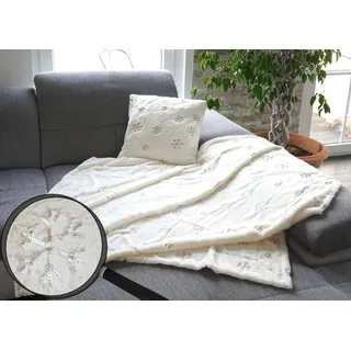 Set Wohndecke + Deko-Kissen Schnee, Kuscheldecke Sofadecke Zierkissen+Füllung, flauschig Pailletten - Beige