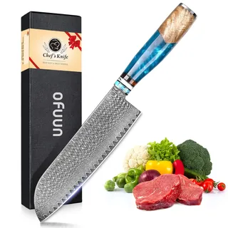 oFuun Damast Santokumesser Profi Messer, Scharfes Küchenmesser Messer Chefmesser 17,5cm Japanisches Kochmesser Damaststahl 67 Schichten mit Ergonomischem Griff Fleisch