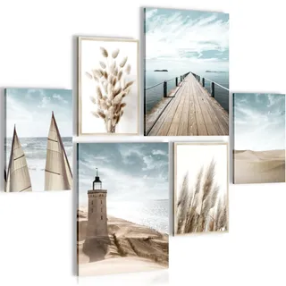 Novart Wandbilder Set Strand Meer Leuchtturm Blau Beige - KEIN EXTRA RAHMEN BENÖTIGT - Modern Deko - Wohnzimmer Schlafzimmer N007163a
