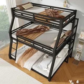 STILVORA Dreier-Etagenbett 90/120/140x200 Ohne Matratze Jugendbett Metallbett für drei Kindern,Kinderbett Bettgestell mit Rausfallschutz,Schwarz - Schwarz