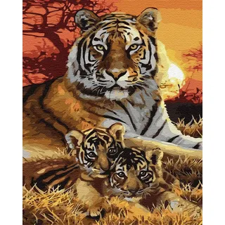 Artnapi Malen nach Zahlen Erwachsene mit Rahmen | DIY Handgemalt | Tiere - Familie Tiger | Kit für Anfänger und Erwachsene | Set inklusive Acrylfarben & Pinsel | 40x50cm Leinwand | Ideal als Geschenk