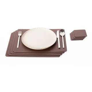 Nikalaz Platzsets und Untersetzer (4er Set) aus recyceltem Leder, Tischsets, 4 Stück Platzsets und 4 Undersetzer, Platzdeckchen und Untersetzer 10 x 10 cm (45.7 x 33.02, Braun)