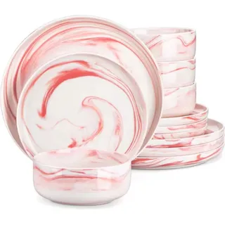 Golden Serviesset – Tafelservice – 12-teilig – 4 Personen – Rosa Marmor Keramik – Frühstücksteller – Bunte Präsentation - Rosa