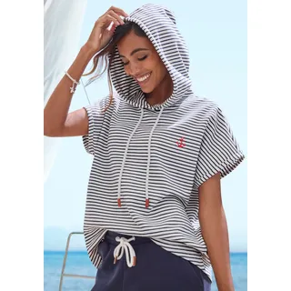 Sweatshirt H.I.S, Damen, Gr. 40/42, blau (marine, sanftes weiß), Sweatware, Obermaterial: 60% Baumwolle, 40% Polyester, gestreift, bequem hüftlang, Rundhals, abgesteppt, Sweatshirts Sweatshirt, gestreift und mit Kapuze, Loungewear, Topseller