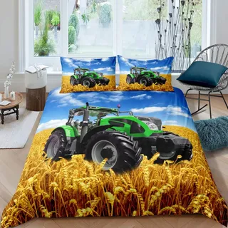 Loussiesd Traktor Bettwäsche Set Kinder 135x200cm Bettwäsche Jungs Teenager Weizenfeld Mähdrescher drucken Bettbezug Set Blau Grün Gold 100% Mikrofaser Betten Set Bauernhöfe Traktor Bettwäsche Jungs