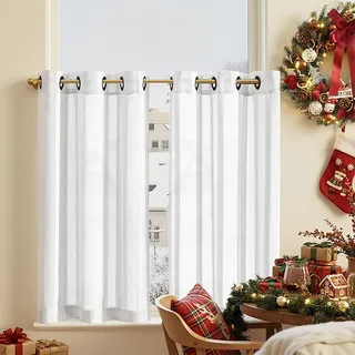 TOPICK Scheibengardinen modern Bistrogardine Wohnzimmer Weiß H 90 x B 90 (cm) 2er Set mit Ösen Transparent Landhaus Ösenvorhang Streifen Voile Küchenvorhang Gestreift Küchengardinen Klein Fenster
