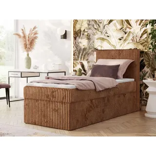 MKS MEBLE Boxspringbett 90x200 TILIANO, Einzelbett mit Multipocket-Matratze, Stauraumbett, gepolstert Kopfteil - Topper T25 - H4 - Orange Cord - Rechts Seite - Orange