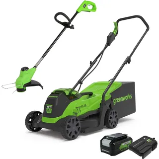 Greenworks Elektro-Rasenmäher 24V 33cm 30L Grasfangbox und Kabelloser Rasentrimmer 25cm automatischer Vorschubkopf mit Akku 4Ah und Ladegerät GD24LM33LT25K4