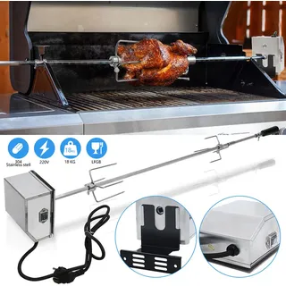 Jiubiaz Edelstahl Grillspieß Set 117cm BBQ Fleischklammer mit Motor inkl. Fleischnadeln 220V - 240V Elektrischer Drehspieß, Rotisserie, Drehspiess