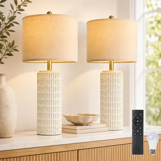 HEMVOR 2er Set Tischlampen mit Keramikfuß Leinenschirm, H57cm LED Nachttischlampe mit Timer Speicher Dimmbar 3 Farbtemperaturen, Tischleuchte für Schlafzimmer Wohnzimmer Büro Lese(Inkl. E27-Birnen)