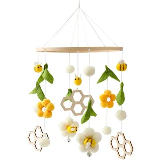 Mobile Baby Holz + Wollknäuel, Frische Blumen und Bienen, Windspiel Rassel Wickeltisch, Kinderzimmer Hängende Bettglocke, Neugeborenen Geschenk für Baby (Biene + Wabe)
