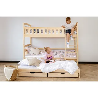 Hochbett 90x200 Etagenbett Kinderbett Jugendbett Stockbett 3 Kinder, zwei Schubladen & Rausfallschutz Kinder Bett umbaubar in 3 Einzelbetten | von 4. bis 18. Lebensjahr | inkl. Lattenrosten | natur