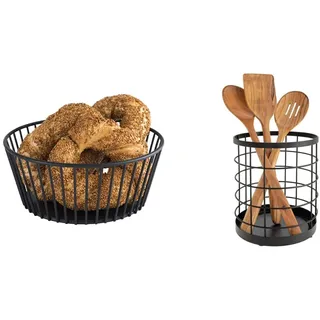 APS „Urban“ runder Metallgitter Korb, stabiler Gitterkorb & iDesign Küchenutensilienhalter für die Arbeitsfläche, runder Besteckhalter aus Metall, Küchen Aufbewahrung, mattschwarz