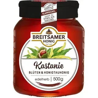Breitsamer Honig Kastanie edel 500g - Flüssiger Kastanienhonig, herb würzig im Geschmack mit praktischem Klappdeckel (1 x 500g) (Packung mit 6)