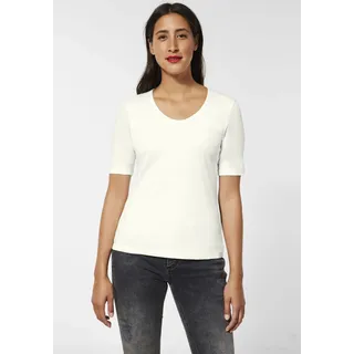STREET ONE T-Shirt STREET ONE "Style Palmira", Damen, Gr. 42, weiß (sanftes weiß), Jersey, Obermaterial: 50% Baumwolle, 50% Modal, unifarben, Basic, körpernah hüftlang, V-Ausschnitt, eingesetzt abgesteppt, Shirts T-Shirt, im Basic-Style, Topseller