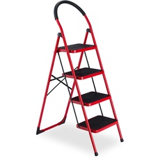 Bild Trittleiter, klappbare Haushaltsleiter, 4 Stufen, bis 150 kg, Stufenleiter mit Haltegriff, Stahl, rot/schwarz