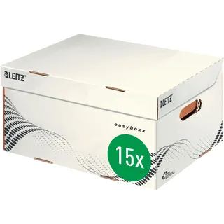 Leitz easyboxx Aufbewahrungs- und Transport-Schachtel, Größe S, Schachtel für Leitz A4 Ordner, Zeitschriften und vieles mehr, Transportbox mit Deckel Oben, 15 Stück, Weiß/Schwarz, 61350000