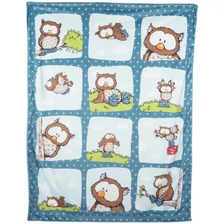 NICI Plüschdecke Eule Oscar 106x140cm blau - Kuscheldecke für Babys & Kinder - Flauschige Plüschdecke- Warme Decke für Mädchen & Jungen