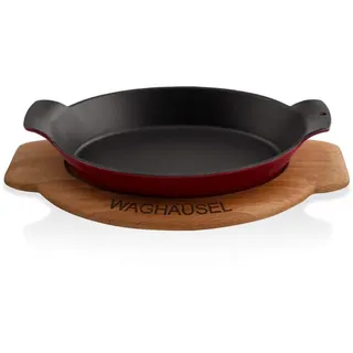 Sallys Gusseisen - Servierpfanne oval 18 x 24 cm - mit Echtholzuntersetzer - Bordeaux
