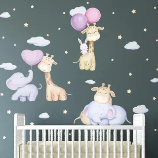 Wandtattoo Kinder Deko Babyzimmer Wandtattoo Kinderzimmer Wandaufkleber Tiere und fliegende Luftballons H90 x L 60 cm
