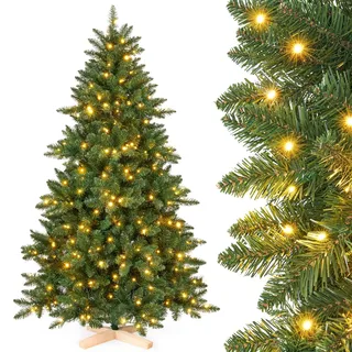 Yorbay Künstlicher Weihnachtsbaum mit Beleuchtung LED: PVC künstlicher Tannenbaum mit Holzständer für Weihnachten-Dekoration, Ideal für Festliche Stimmung (210cm)