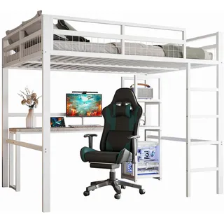 Beaok Hochbett 140/200 cm in Weiß – mit Schreibtisch, Regalen und Leiter , Metall , 140x200 cm , Babymöbel & Kindermöbel, Kinderzimmer & Jugendzimmer, Kinderbetten, Hochbetten