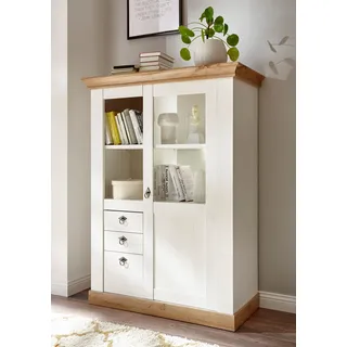Home Affaire Highboard HOME AFFAIRE "Cremona, Vitrine im Landhausstil, Hochschrank, moderne Glasvitrine", weiß (pinie weiß nb, pinie weiß nb, applikation wotan eiche nb), B:103cm H:139cm T:47cm, Sideboards, Highboard, Metallgriffe, ausreichend Stauraum, vielseitig 