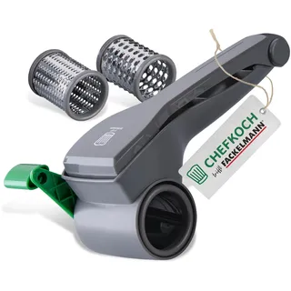 Chefkoch Trommelreibe für Gemüse, Käse oder Nüsse – Reibe mit Kurbel und 3 Einsätzen für Scheiben, grobe & feine Raspeln – Leichtes Befüllen dank großer Öffnung