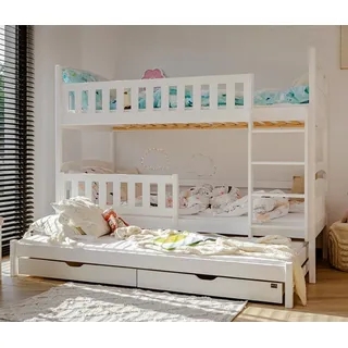 Hochbett 90x200 cm mit Ausziehbett Etagenbett mit zwei Schubladen, Lattenrost, Rausfallschutz, umbaubar in drei Einzelbetten, Vollholz in weiss - Weiß