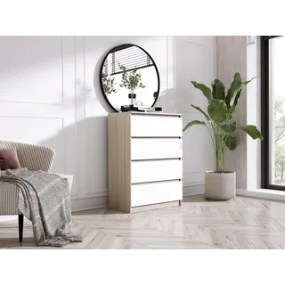 Komodenschrank mit 4 Schubladen, Farbe: SONOMA EICHE/WEISS, A: 70 x 101 x 39 cm , Schubladenkommode, Kommode mit Schubladen, Sideboard Wohnzimmer, Schlafzimmer Kommode, Kommode Schwarz, Kommode Flur, Highboard - Braun, Weiß